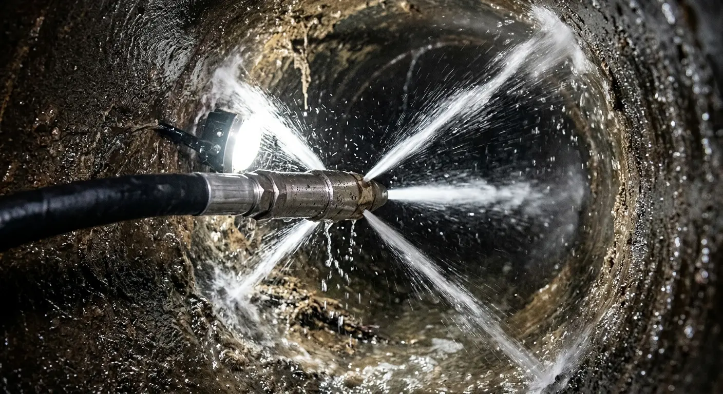 High-pressure hydro jetting nozzle cleaning sewer pipe for Sewer Cleanout in Eden