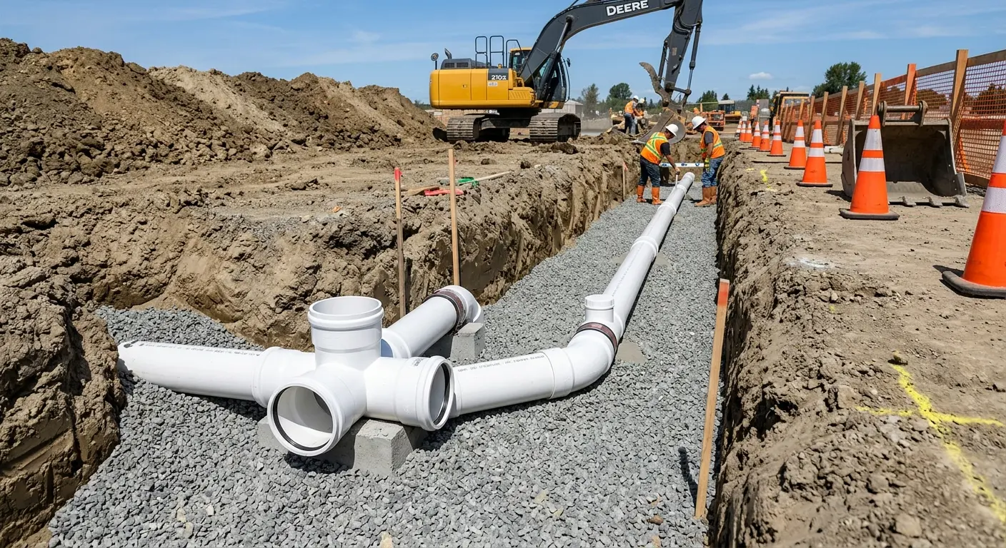 New PVC sewer pipe installation in open trench for Commercial Drain Cleaning in Eden