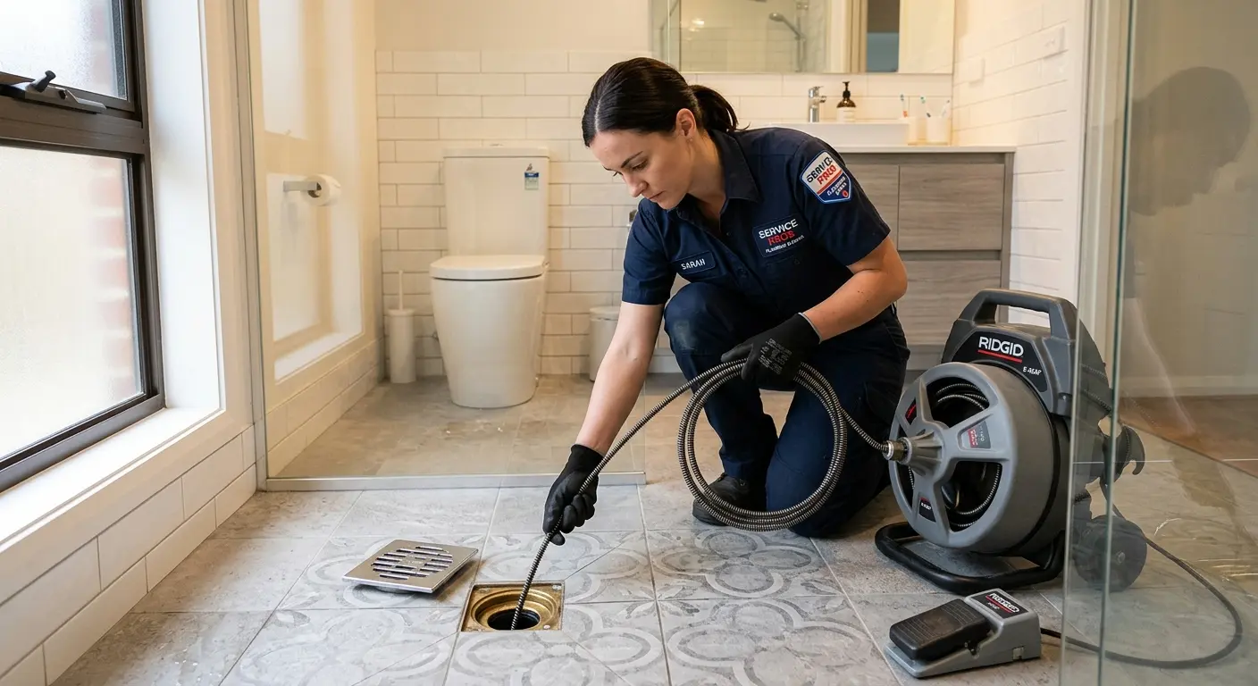 Technician clearing a bathroom floor drain for Hydro Jetting in Eden